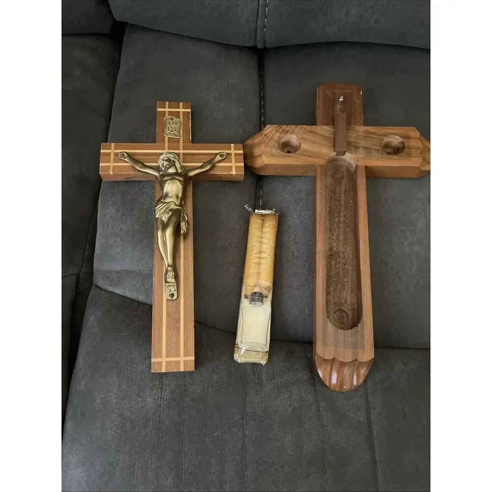 Vintage Catholic Last Rites Sick Call Crucifix Cross – Wood Wooden Metal INRI